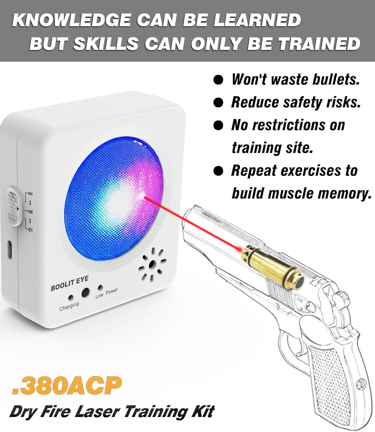 Dry Fire Training System - Laser Cartridge & Electronic Target Kit with Steel Plate Sound & Flash Feedback - Rechargeable, Adjustable Light Settings, Portable for Indoor/Outdoor Shooting Practice(380ACP Kit)