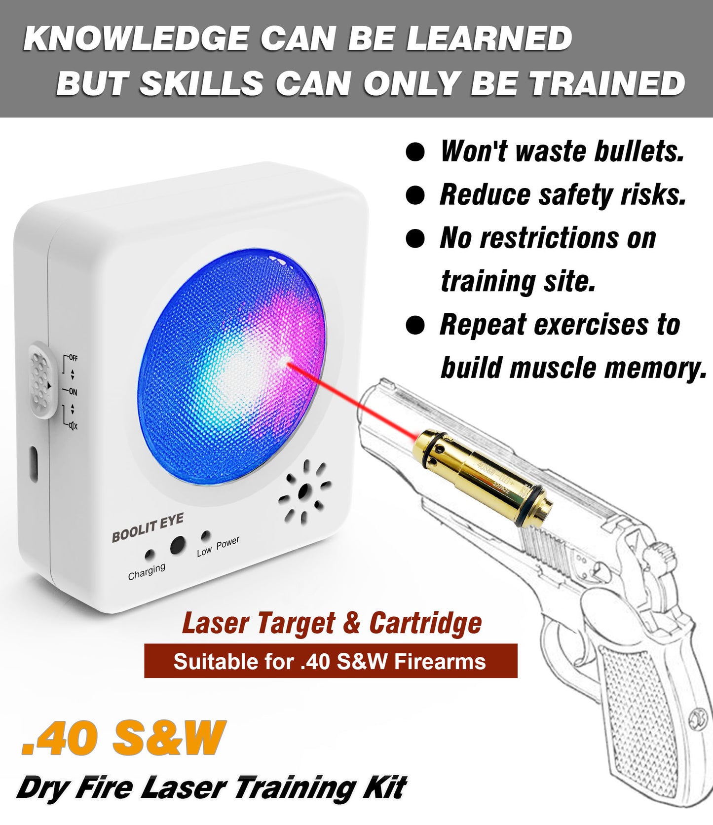 Dry Fire Training System - Laser Cartridge & Electronic Target Kit with Steel Plate Sound & Flash Feedback - Rechargeable, Adjustable Light Settings, Portable for Indoor/Outdoor Shooting Practice(40SW Kit)