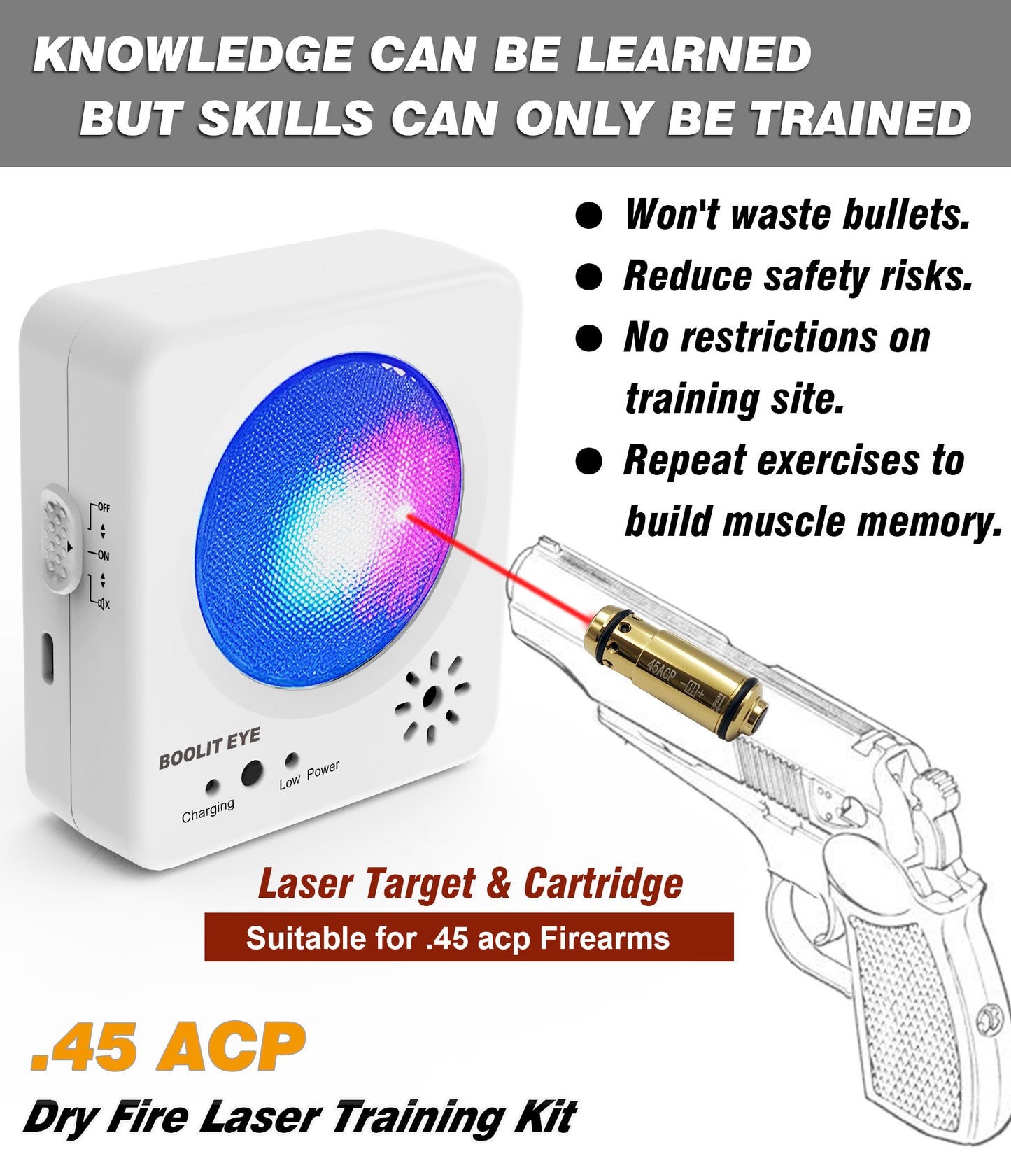Dry Fire Training System - Laser Cartridge & Electronic Target Kit with Steel Plate Sound & Flash Feedback - Rechargeable, Adjustable Light Settings, Portable for Indoor/Outdoor Shooting Practice（45ACP Kit）