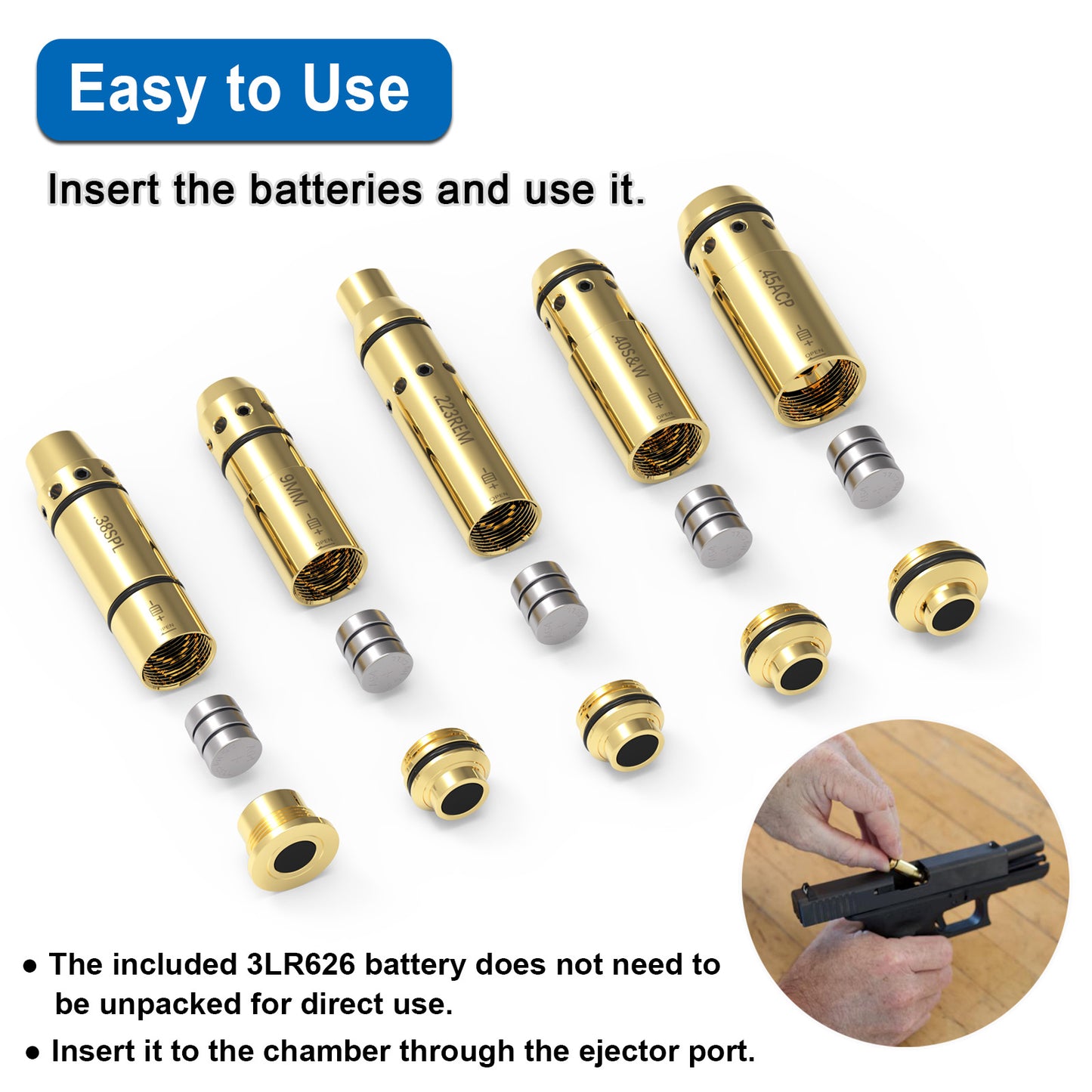 9mm/223Rem/38Spl/40S&W/45ACP Dry Fire Training Cartridge Integrated Snap Cap for Dry Fire Trainer, Red Dot Beam Bullet with Double O-Ring