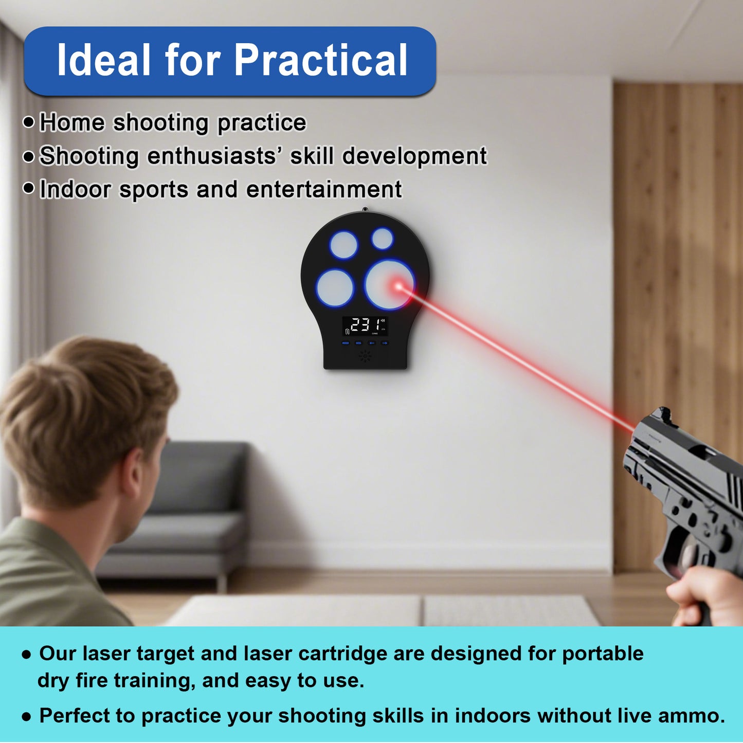 Dry Fire Laser Training Target with 4-Zone Scoring – Portable Dry-Fire System for Indoor Shooting Practice with 3 Training Modes(9mm Kit)